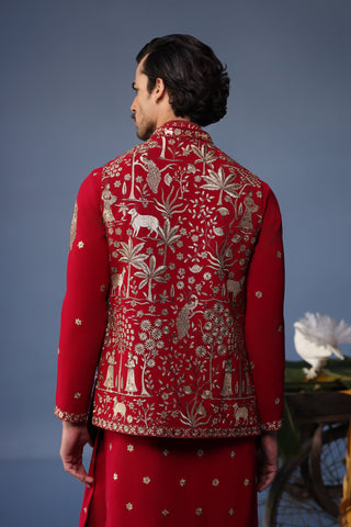 Sohail Mughal in Aariz Pichwai Mahroon Kurta Jacket Set