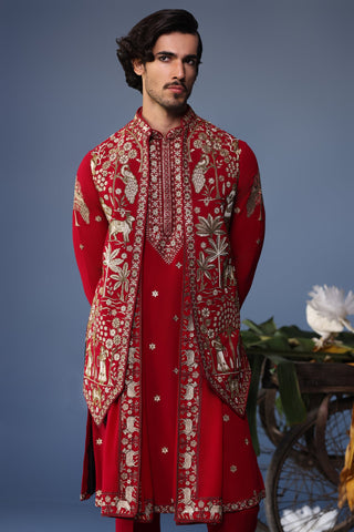 Sohail Mughal in Aariz Pichwai Mahroon Kurta Jacket Set