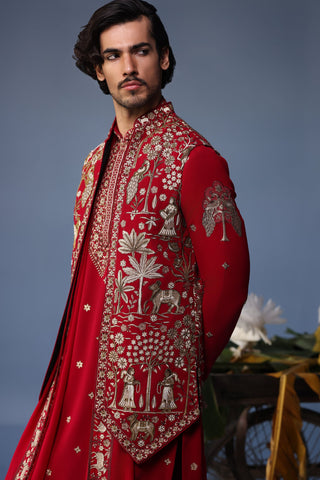Aariz Pichwai Mahroon Kurta Jacket Set