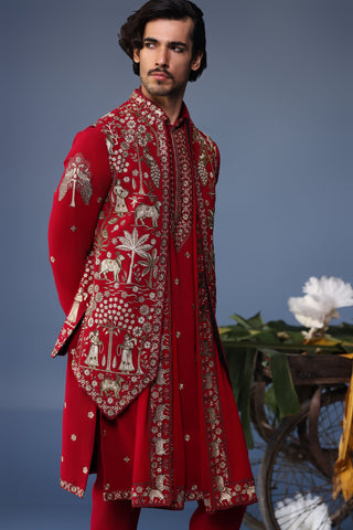 Aariz Pichwai Mahroon Kurta Jacket Set