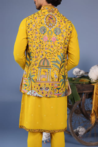 Gurmeet Choudhary in Gulistan Haldi Kurta Jacket Set
