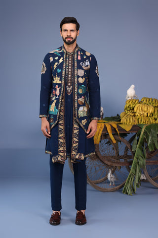 Maahir Cocktail Navy Blue Kurta Jacket Set