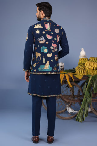 Maahir Cocktail Navy Blue Kurta Jacket Set
