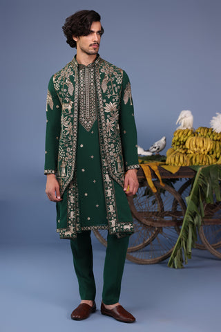 Azan Pichwai Zari Bottle Green Kurta Jacket Set