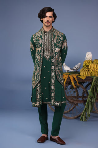 Azan Pichwai Zari Bottle Green Kurta Jacket Set