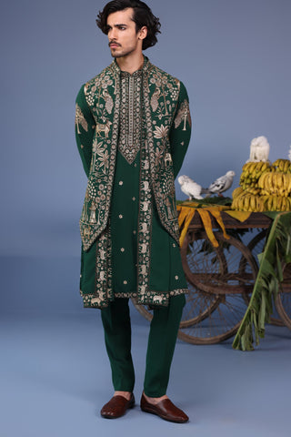 Sagar Parekh in Azan Pichwai Zari Bottle Green Kurta Jacket Set