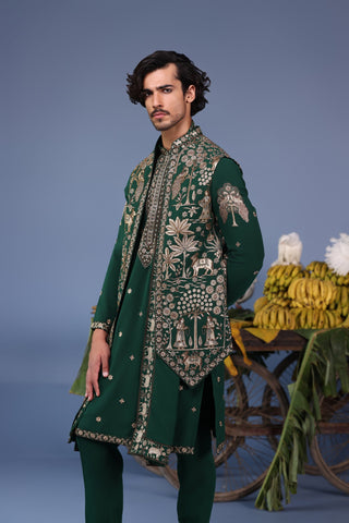 keshav sadhna in Azan Pichwai Zari Bottle Green Kurta Jacket Set