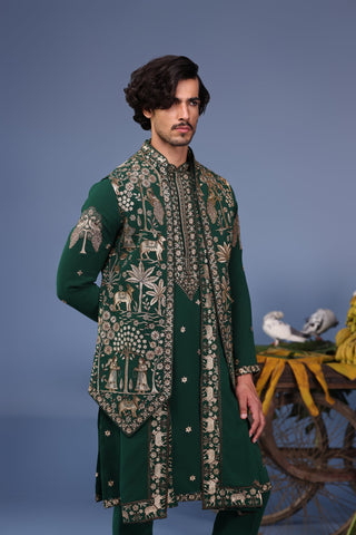 keshav sadhna in Azan Pichwai Zari Bottle Green Kurta Jacket Set