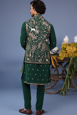 Azan Pichwai Zari Bottle Green Kurta Jacket Set