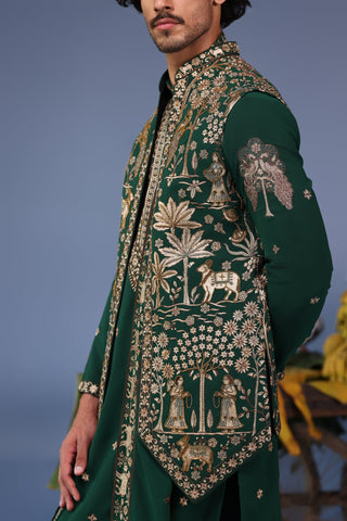 Azan Pichwai Zari Bottle Green Kurta Jacket Set