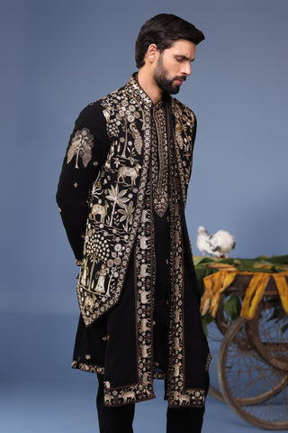 PARAS BHUSHAN KALNAWAT in Zubir Pichwai Zari Black Kurta Jacket Set