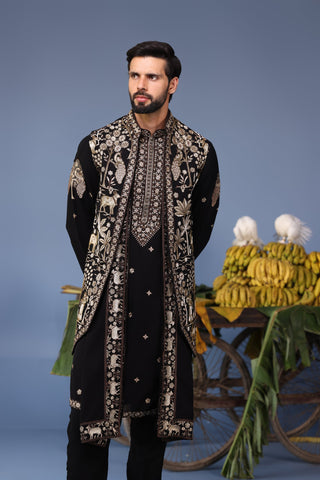 PARAS BHUSHAN KALNAWAT in Zubir Pichwai Zari Black Kurta Jacket Set