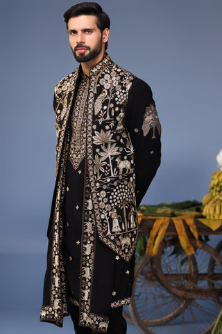 Zubir Pichwai Zari Black Kurta Jacket Set