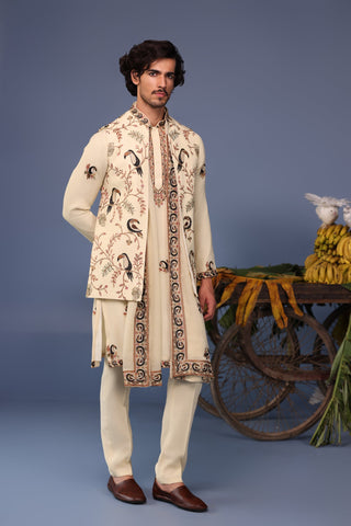 Faiq Toucan Cream Kurta Jacket Set