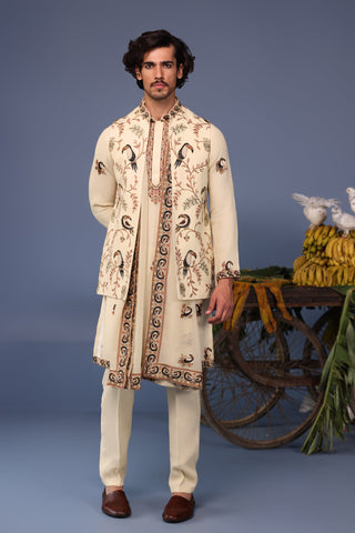 Faiq Toucan Cream Kurta Jacket Set