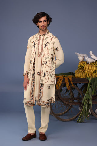 Faiq Toucan Cream Kurta Jacket Set