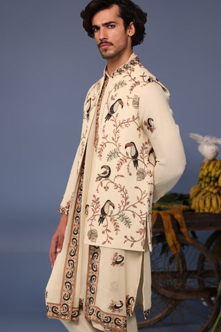 Faiq Toucan Cream Kurta Jacket Set