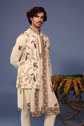Faiq Toucan Cream Kurta Jacket Set