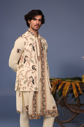 Faiq Toucan Cream Kurta Jacket Set