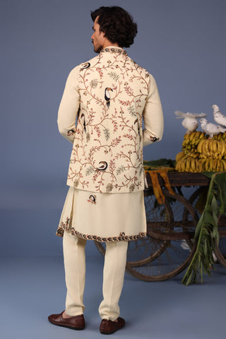Faiq Toucan Cream Kurta Jacket Set
