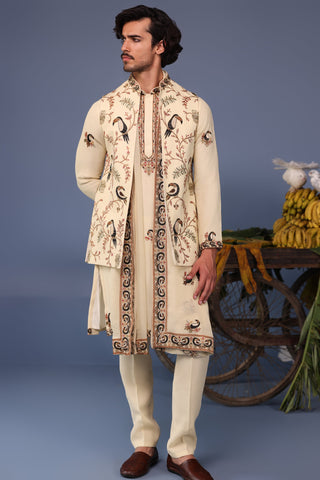 Faiq Toucan Cream Kurta Jacket Set