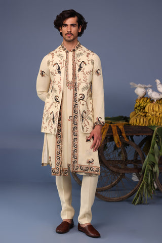 Faiq Toucan Cream Kurta Jacket Set