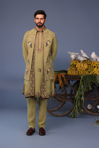 Firas Toucan Mehndi Kurta Jacket Set