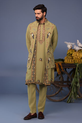 Firas Toucan Mehndi Kurta Jacket Set