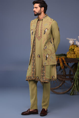 Firas Toucan Mehndi Kurta Jacket Set