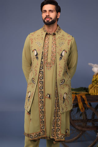 Firas Toucan Mehndi Kurta Jacket Set