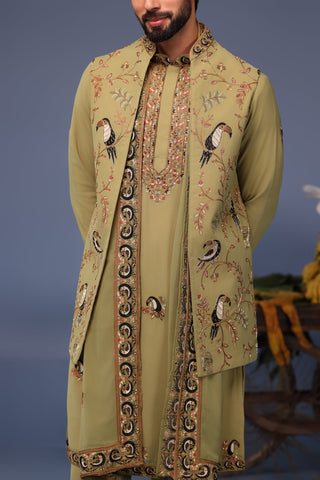 Firas Toucan Mehndi Kurta Jacket Set
