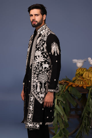 Talha Pichwai Resham Black Kurta Jacket Set