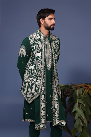 Haiz Pichwai Resham Bottle Green Kurta Jacket Set