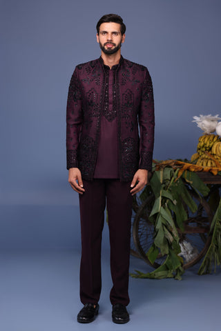 Raafiq Wine Jodhpuri Kurta Set