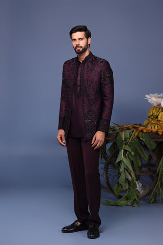 Raafiq Wine Jodhpuri Kurta Set