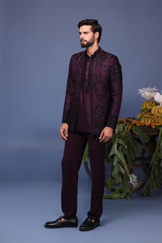 Raafiq Wine Jodhpuri Kurta Set