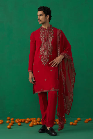 Parthiv Gohil IN ARABIC RED KURTA SET