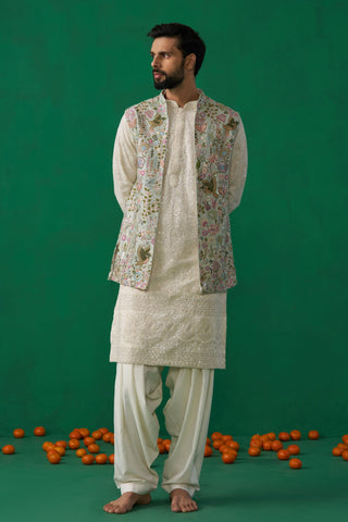 MAVERIC MAAZ IN PHOOLPANKH SKYBLUE KURTA JACKET PATIYALA SET