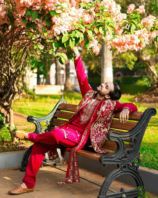 Krishna Sharma in Aariz Pichwai Mahroon Kurta Jacket Set