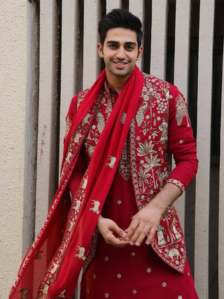 Sohail Mughal in Aariz Pichwai Mahroon Kurta Jacket Set