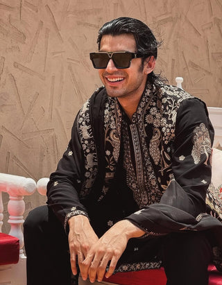 PARAS BHUSHAN KALNAWAT in Zubir Pichwai Zari Black Kurta Jacket Set