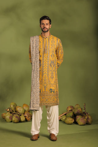 Rithvik Dhanjani in Mantrin Haldi Kurta patiyala set with dupatta
