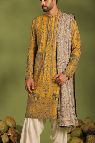 Rithvik Dhanjani in Mantrin Haldi Kurta patiyala set with dupatta