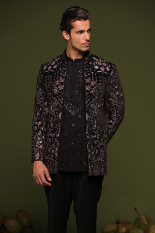 Raghunandan Black Jodhpuri set with short kurta and trouser