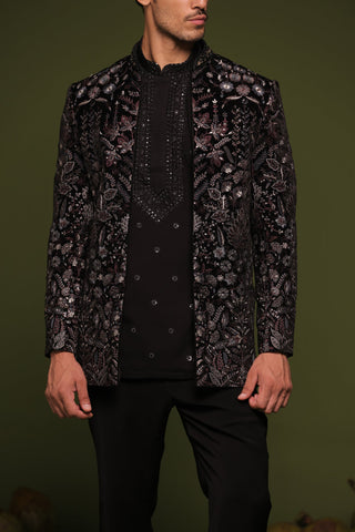 Raghunandan Black Jodhpuri set with short kurta and trouser