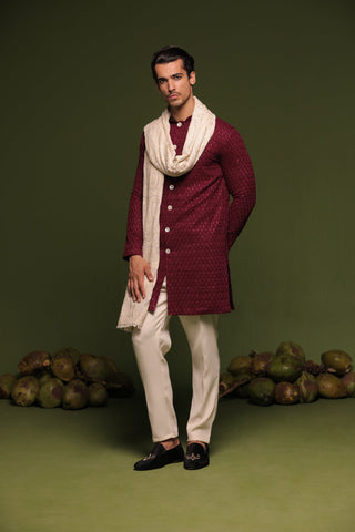 Kaidar Wine Front Open Kurta trouser set with dupatta