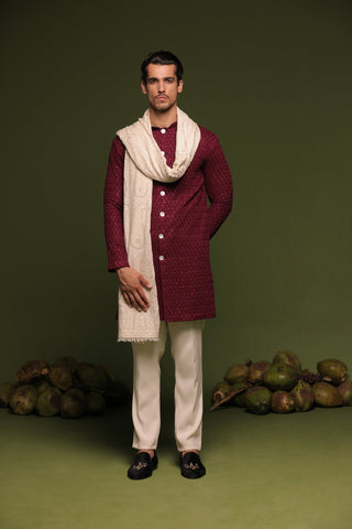Kaidar Wine Front Open Kurta trouser set with dupatta