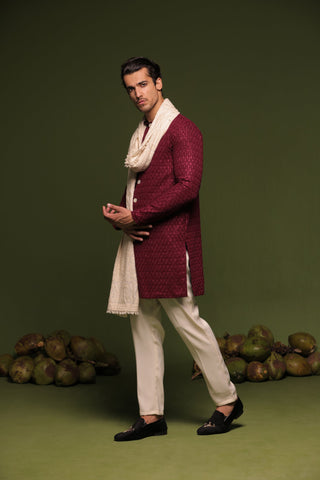 Kaidar Wine Front Open Kurta trouser set with dupatta