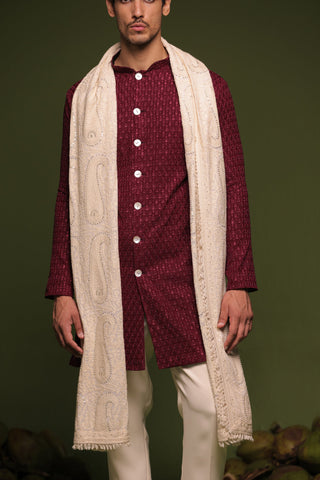 Kaidar Wine Front Open Kurta trouser set with dupatta