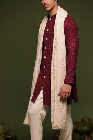 Kaidar Wine Front Open Kurta trouser set with dupatta